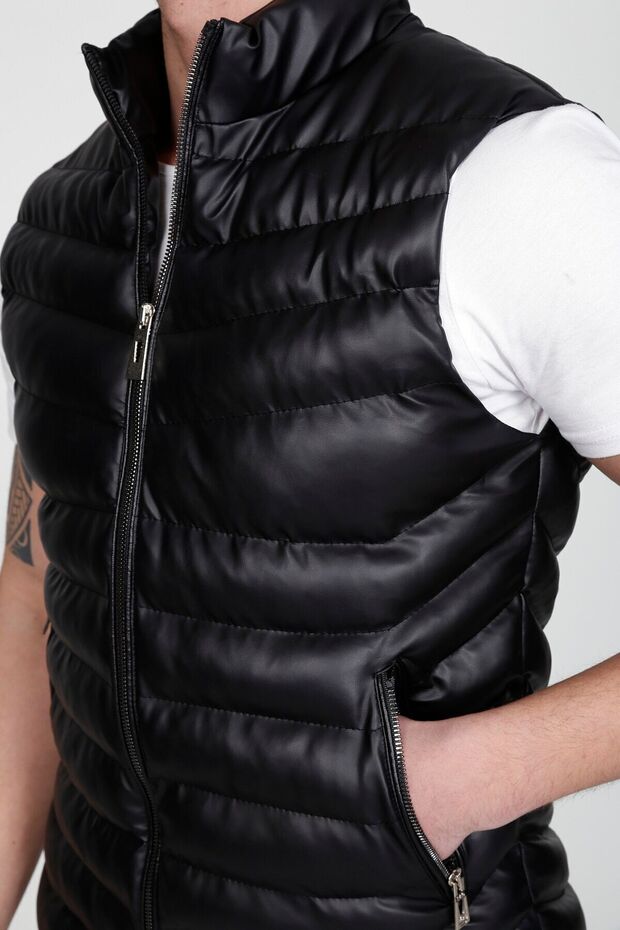 Erkek Siyah Deri Şişme Yelek - 4