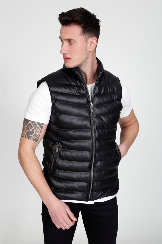 Erkek Siyah Deri Şişme Yelek - 3