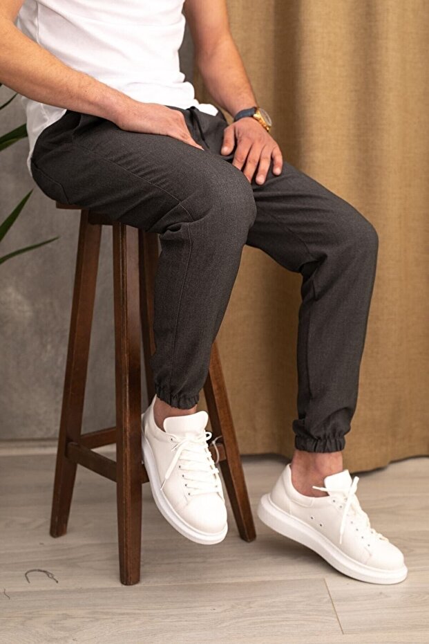 Erkek Dar Paça Bel Lastik Basic Füme Jogger Pantolon - 2