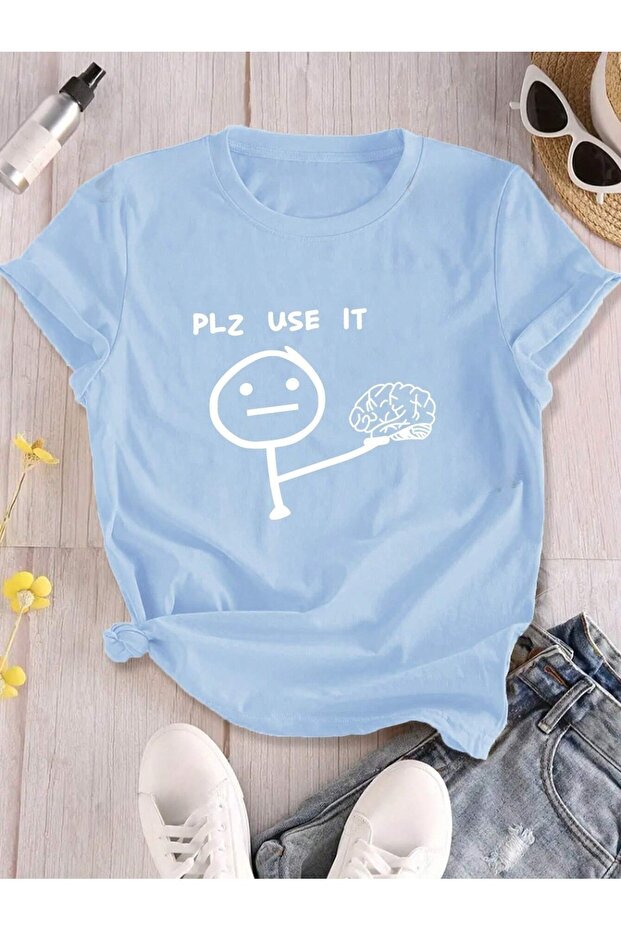 Unisex Baby Blue Plz Use It Printed Oversize T-Shirt