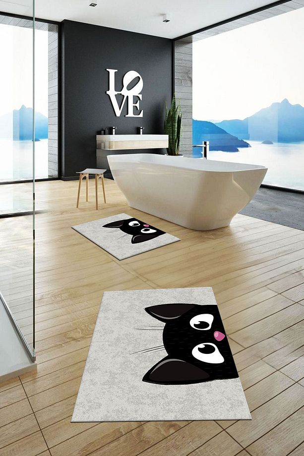 Baskılı Yıkanabilir Kedi Desenli İkili Banyo Halısı Paspas Klozet Takımı, KLOZET-40-GRİ, - 6