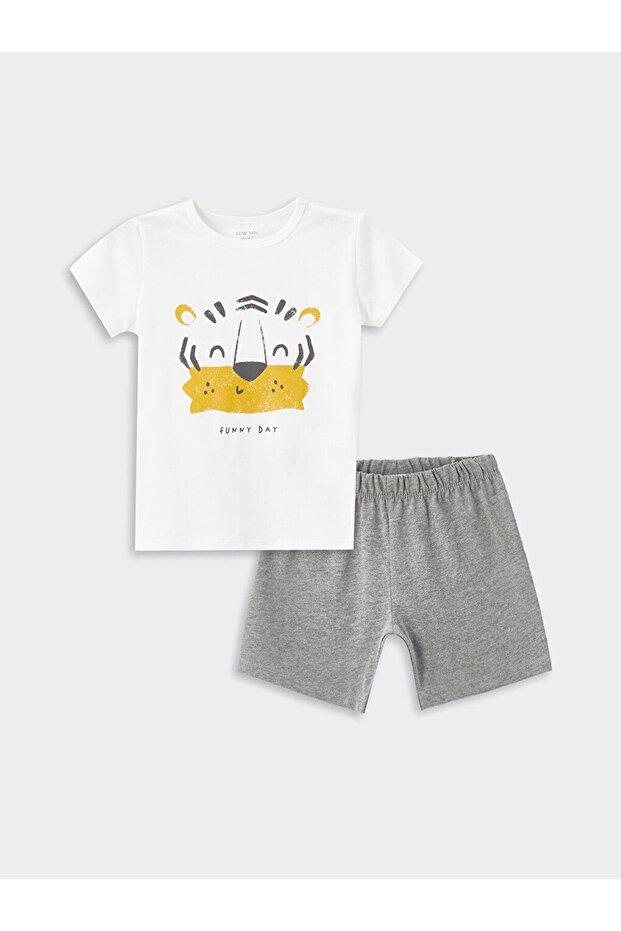 Crew Neck Short Sleeve Printed Baby Boy Pajama Set with Shorts
