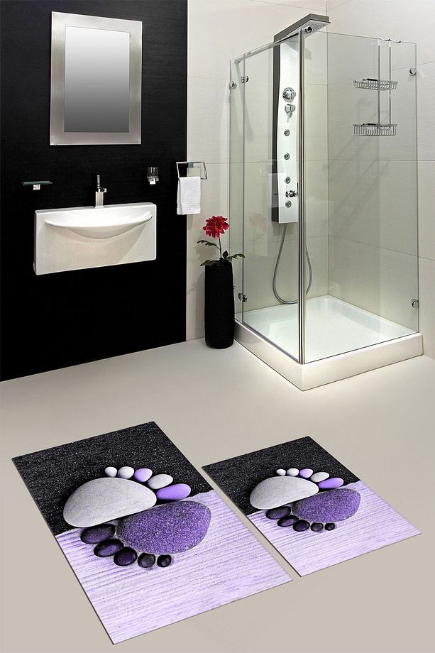 3D Baskılı Yıkanabilir Ayak İzi Desenli İkili Banyo Halısı Klozet Takımı, KLOZET-17-MOR, - 4