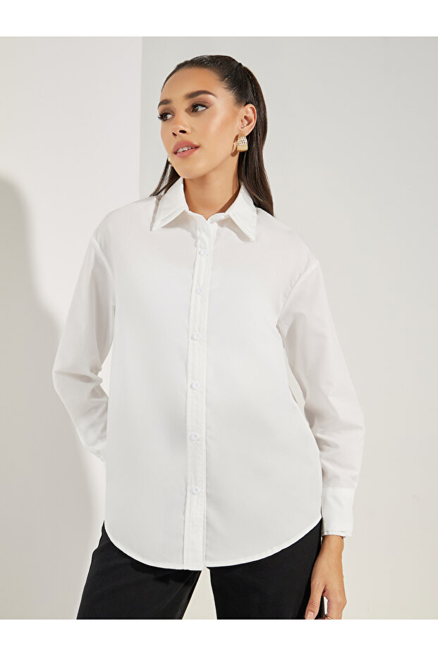 Solid Woven Double Collar Oversized Shirt - 3