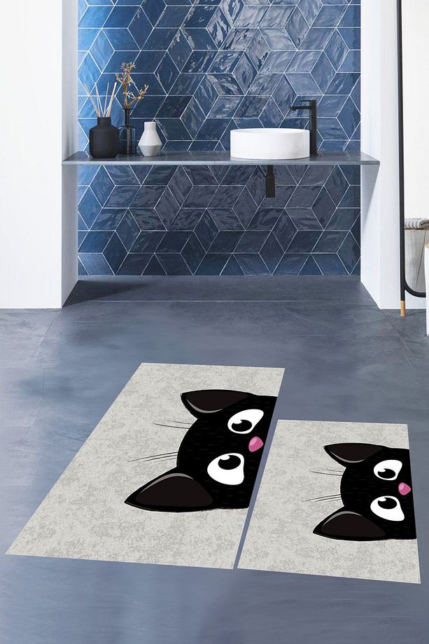 Baskılı Yıkanabilir Kedi Desenli İkili Banyo Halısı Paspas Klozet Takımı, KLOZET-40-GRİ, - 3