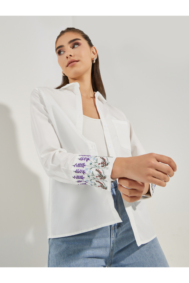Embroidery Detail Cuffed Long Sleeve Shirt