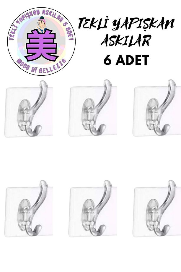 6 Adet Tekli Kendinden Yapışkanlı Güçlü Şeffaf Askılık - Kapı Arkası Mutfak Duvar Banyo Askı - 1