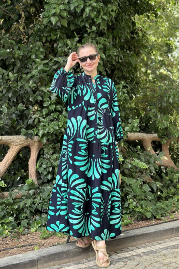 Women's Black Turquoise Button Detailed Loose Long Sleeve Long Dress