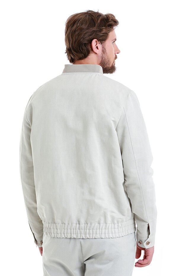 Bej Slim Fit Çizgili Dik Yaka Basic Mevsimlik Mont - 7