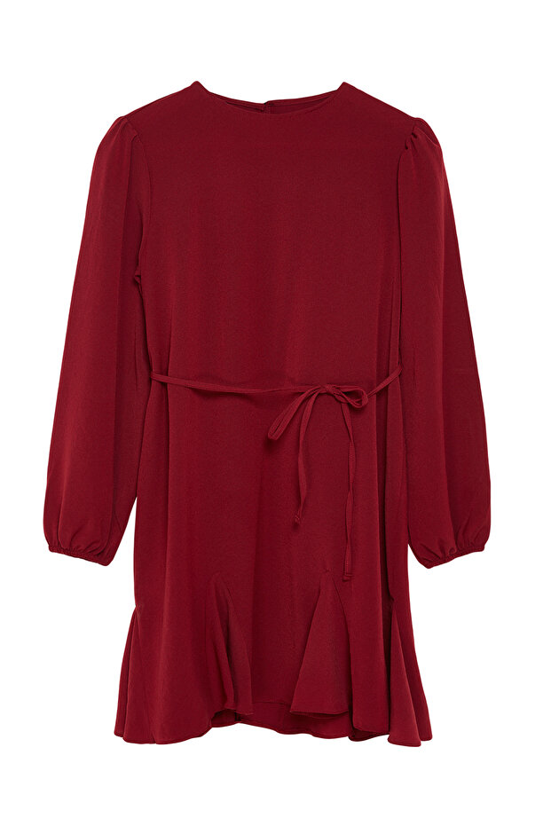 Bordo Kuşaklı Düz Mini Dokuma Elbise TWOAW24EL00337 - 6