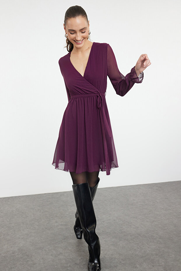 Plum Belted Double Breasted Woven Dress TWOAW20EL0789
