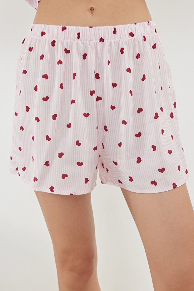 Pembe Çizgili Kalpli Viskon Şortlu Dokuma Pijama Takımı THMSS22PT0091 - 4