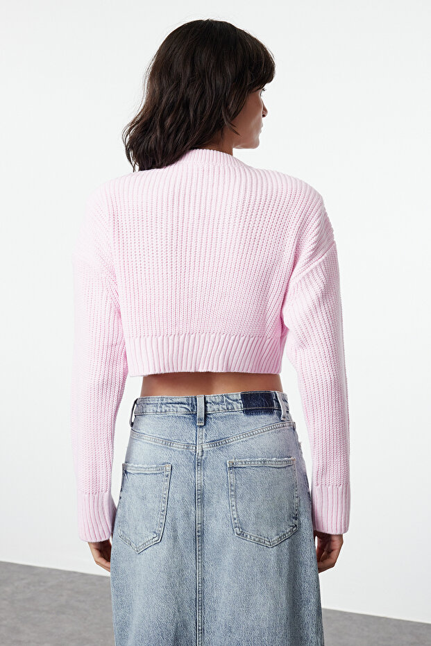 Pembe Crop Vatka Fermuar Detaylı Triko Hırka TWOAW25HI00020 - 6