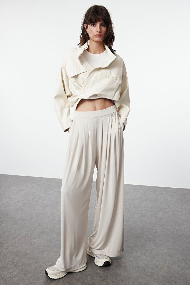 Taş Pilili Wide Leg/Rahat Kesim Esnek Modal Örme Pantolon TWOAW25PL00073 - 1