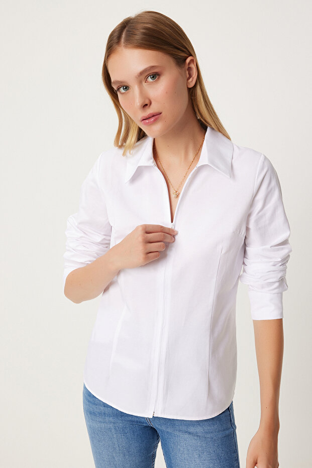 White Zippered Women's Shirt - Comfortable Fit FN03242
