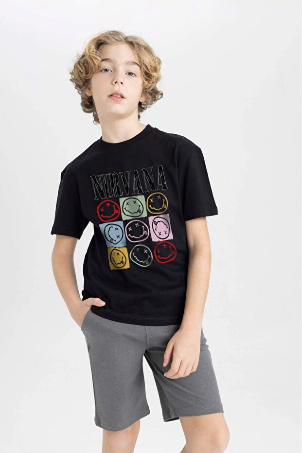Nevermind Nirvana Written Smile Design Printed Black Kids T-Shirt