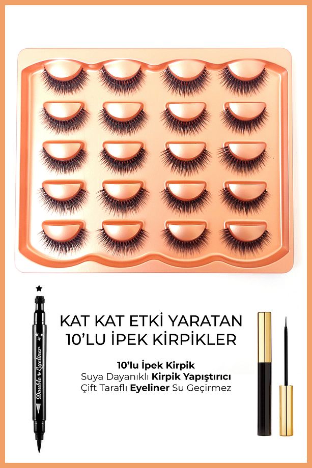10'lu 4D Doğal İpek Takma Kirpik - Kirpik Yapıştırıcı + Eyeliner - Takma Kirpikler Set - 1