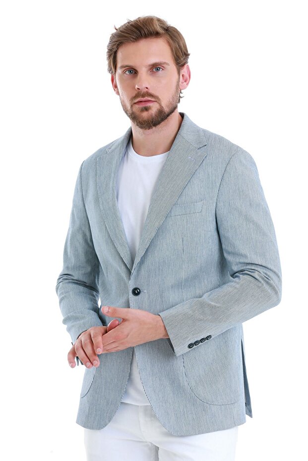 Navy Blue Comfort Fit Striped Mono Collar Classic Jacket