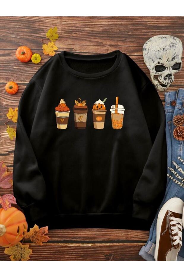 Black Oversize Cup Printed Cotton Crew Neck Unisex Sweatshirt