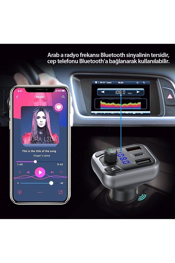 Bluetooth Usb3.0 Ve Type C Pd Hızlı Şarj Fm Transmitter Araç Çakmaklık Şarj Aleti - 2