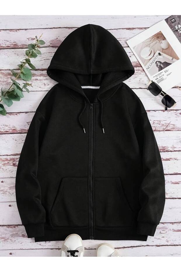 Unisex Black Gray Plain Unprinted Zippered Hooded Fleece Cardigan