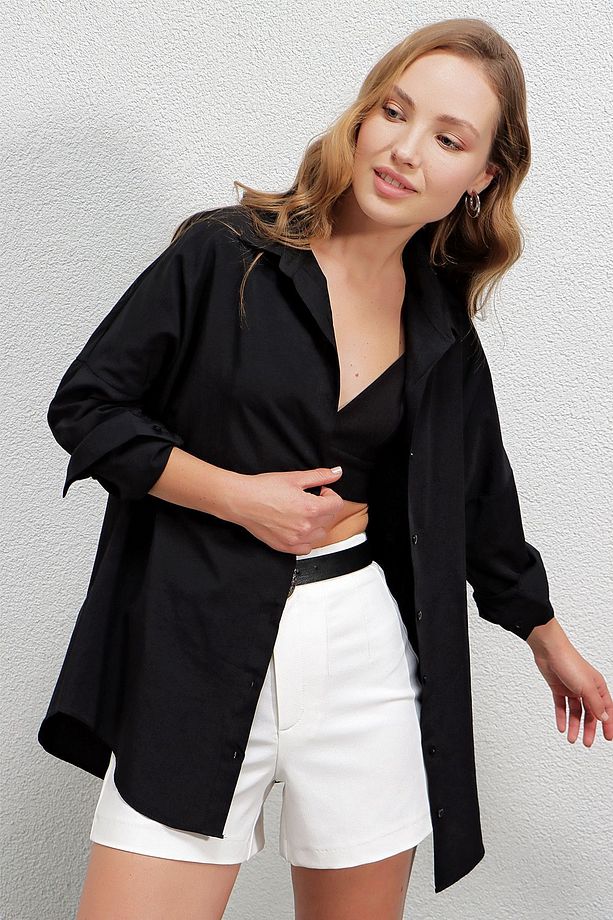 Kadın Siyah Oversize Uzun Basic Gömlek Hzl22w-bd139001 - 7