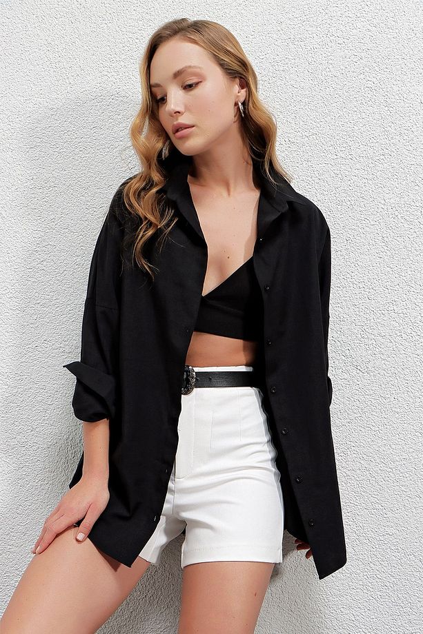 Kadın Siyah Oversize Uzun Basic Gömlek Hzl22w-bd139001 - 6