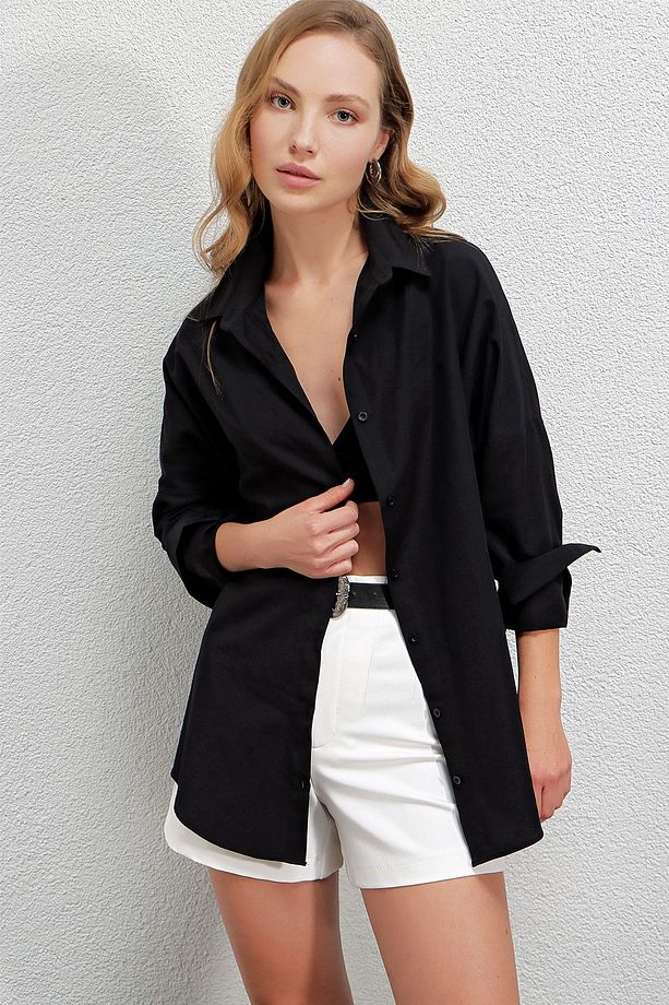 Kadın Siyah Oversize Uzun Basic Gömlek Hzl22w-bd139001 - 3