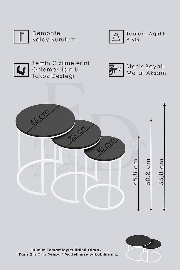 Zigon Sehpa , Paris 3'lü C Zigon Sehpa Takımı , Siyah Metal - Siyah Mermer Tabla - 4