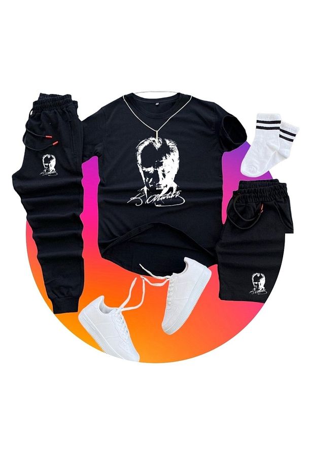 Mustafa Kemal Atatürk Baskılı Original Ünisex Yazlık Şort T-shirt Eşofman Altı 3 Lü Set Combin Takım - 3