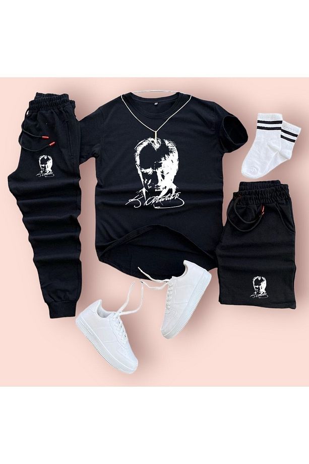 Mustafa Kemal Atatürk Baskılı Original Ünisex Yazlık Şort T-shirt Eşofman Altı 3 Lü Set Combin Takım - 2