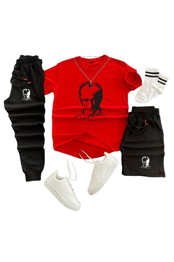 Mustafa Kemal Atatürk Baskılı Original Ünisex Yazlık Şort T-shirt Eşofman Altı 3 Lü Set Combin Takım - 1