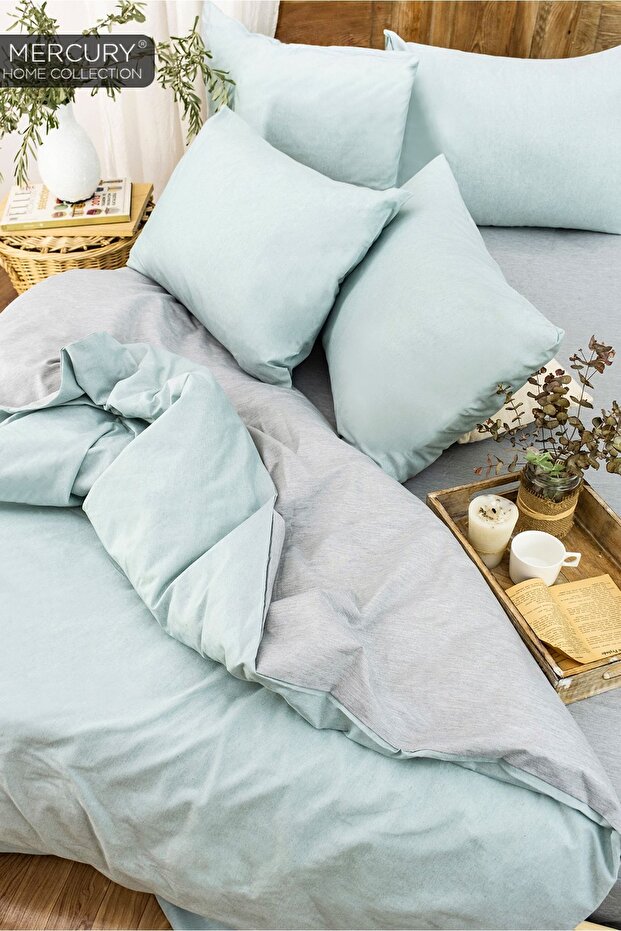 Single Cotton Bedding Set| Green-grey with Elastic Sheets| Double Sided Buttoned Duvet Cover - 1