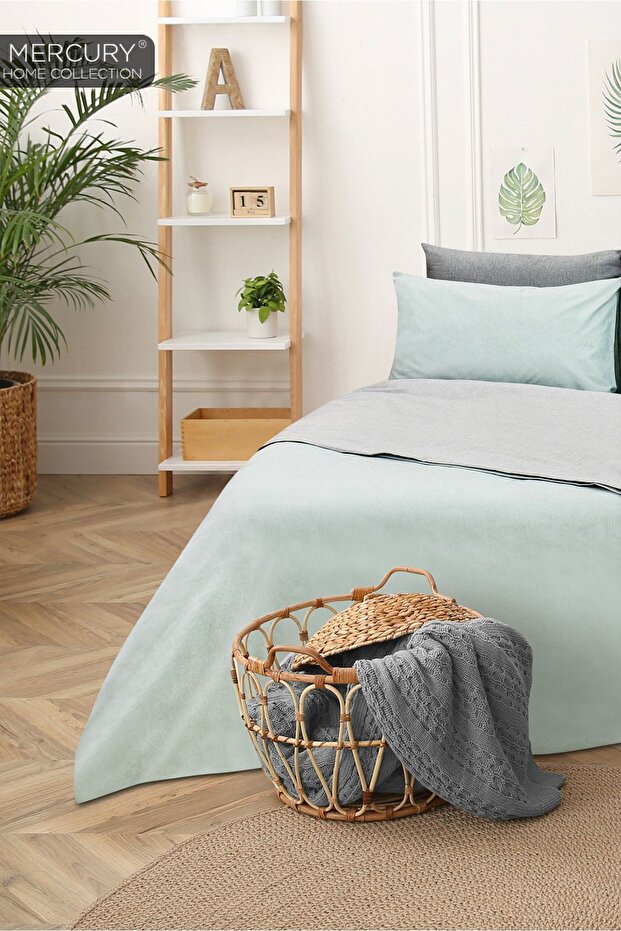 Single Cotton Bedding Set| Green-grey with Elastic Sheets| Double Sided Buttoned Duvet Cover - 3