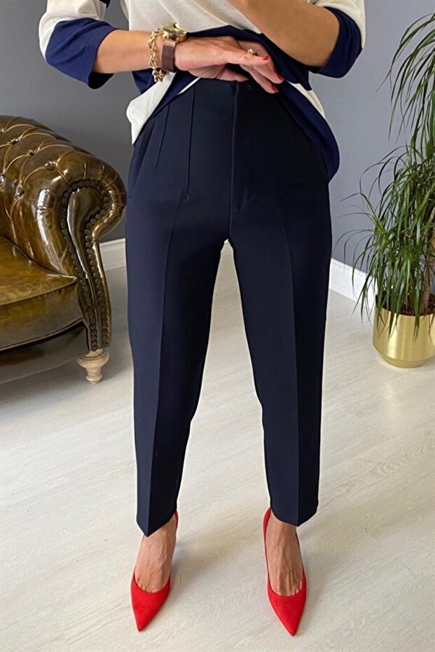 Women's High-Waisted Darted Fabric Trousers