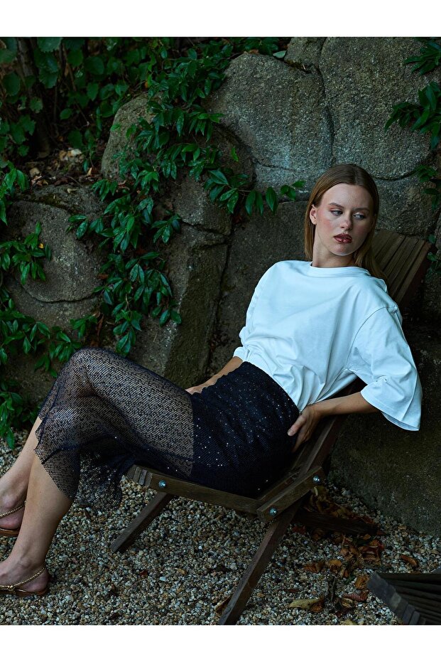 Payetli Midi Etek Antrasit - 3