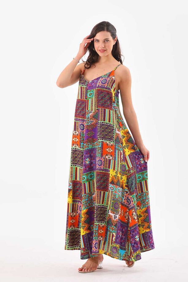 Patchwork Düz Askılı Elbise - 1