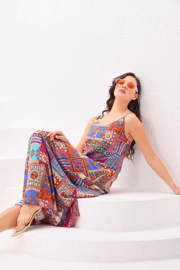 Patchwork Düz Askılı Elbise - 5