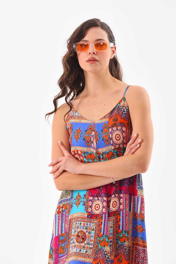 Patchwork Düz Askılı Elbise - 6