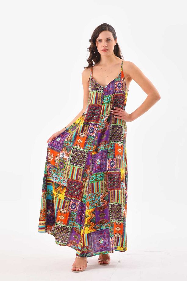 Patchwork Düz Askılı Elbise - 7
