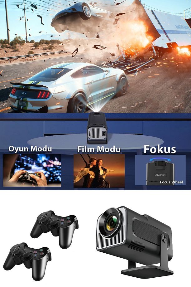 Siyah Oyun Modlu Atari Konsol Hediyeli Taşınabilir Sinema Projeksiyon 1280*720p Android 11 Projektör - 1
