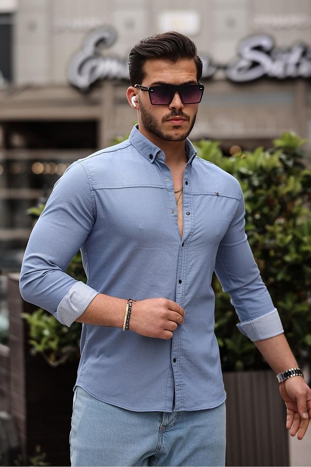 Erkek Basic Düz Slim Fit Uzun Kollu Mavi Kot Gömlek - 3
