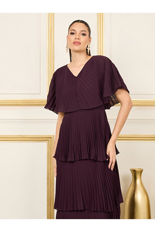 Pleated Cape Sleeves Layered Tiered Maxi Dress
