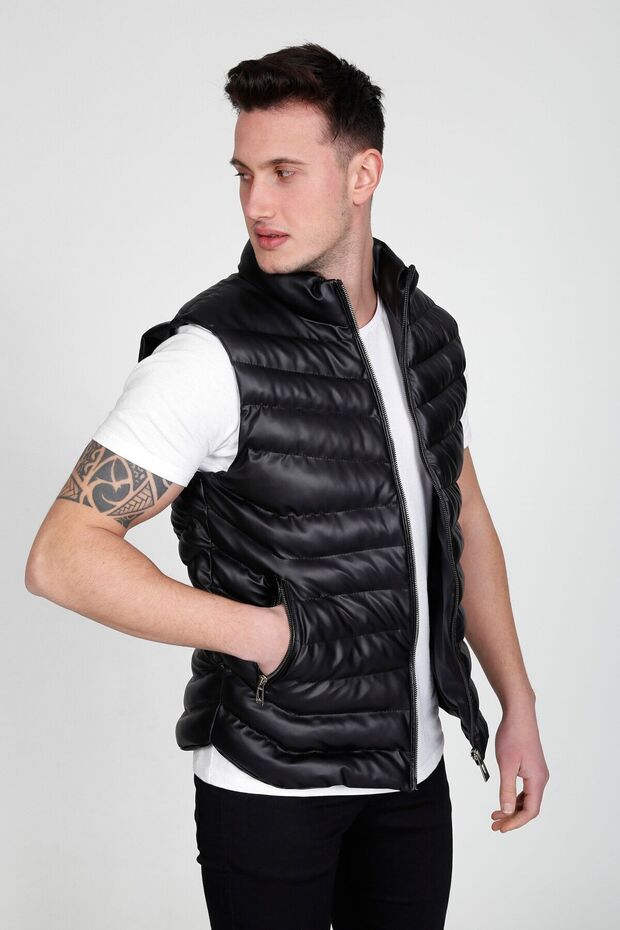 Erkek Siyah Deri Şişme Yelek - 1