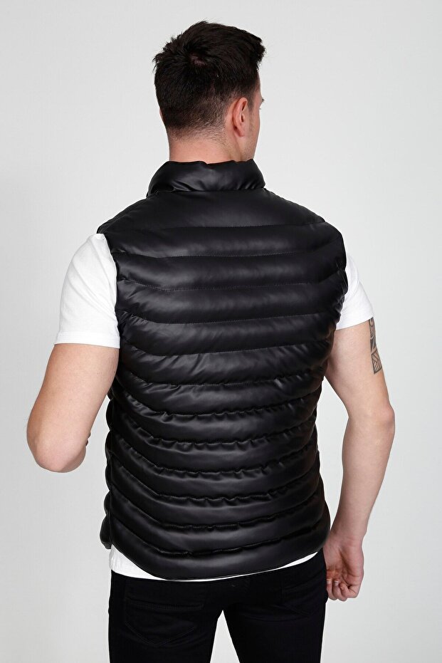 Erkek Siyah Deri Şişme Yelek - 5