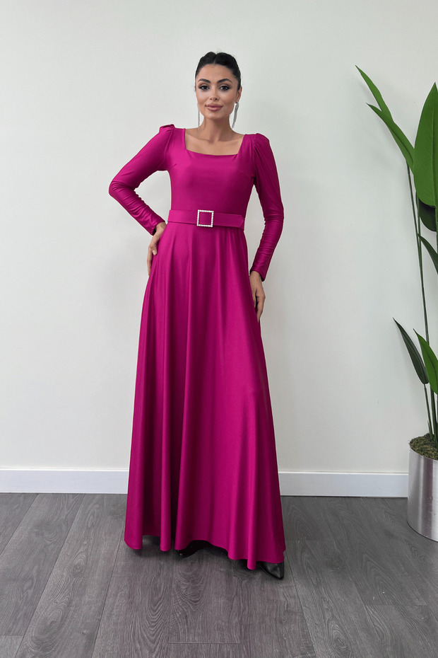 Imported Crepe Satin Fabric Square Collar Kiloş Dress - Plum