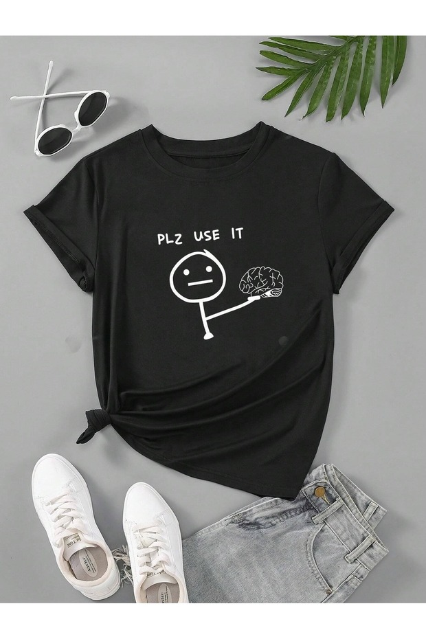 Unisex Black Plz Use It Printed Oversize T-Shirt