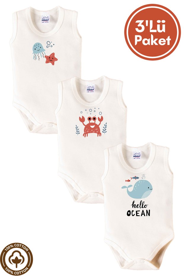 Unisex 100% Organic Cotton Hello Ocean Printed 3-6-9-12 Months 3-Piece Sleeveless Baby Bodysuit