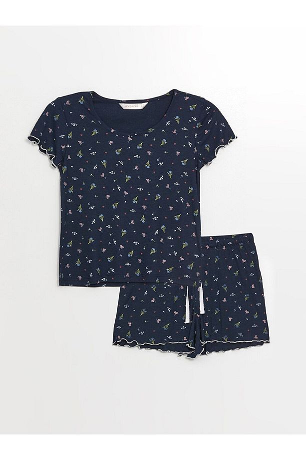 LCW Bisiklet Yaka Çiçekli Kısa Kollu Kadın Şortlu Pijama Takımı - 1