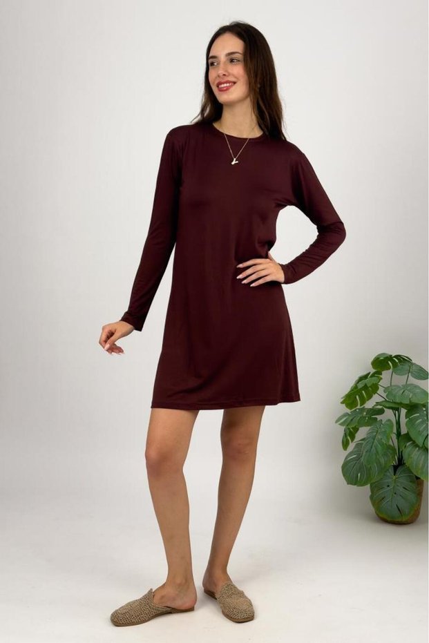Women's Long Sleeve Crew Neck Combed Cotton Tunic Undershirt Brown